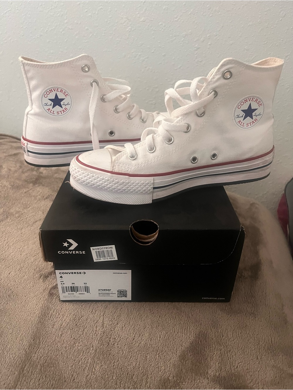 Converse Kids White High Top Sneakers with Red & Blue Trim